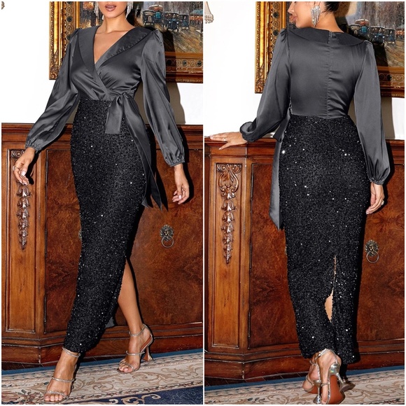 Luxe Satin Sequin Holiday Party Evening Formal Dress - Picture 4 of 9